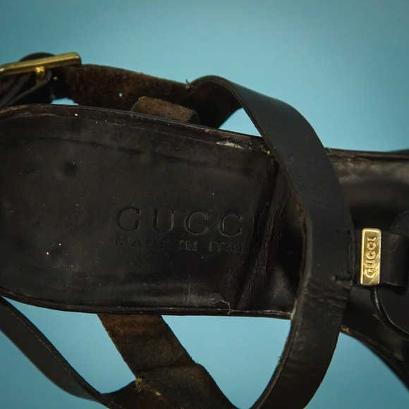 Gucci Size 8 Brown Leather Slingback Ankle Strap Square Toe Vintage 90s Sandals - Picture 8 of 8